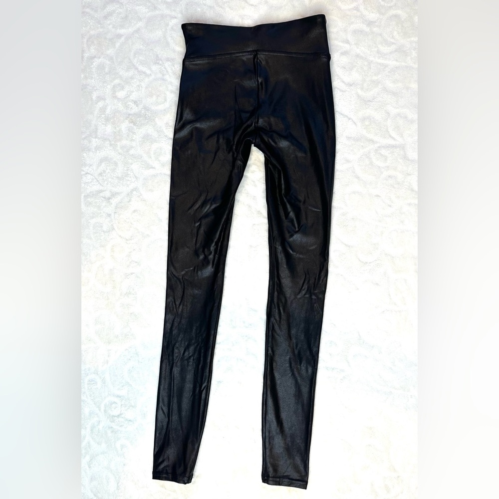 SPANX Black Faux-Leather Leggings with White Side Stripe - Picture 4 of 11